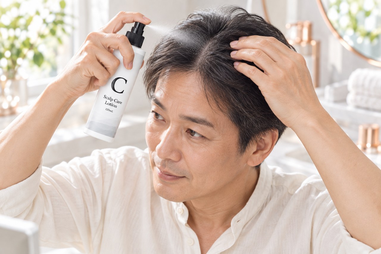 髪をかき分け、頭皮にローションを吹きかける男性の使用イメージ