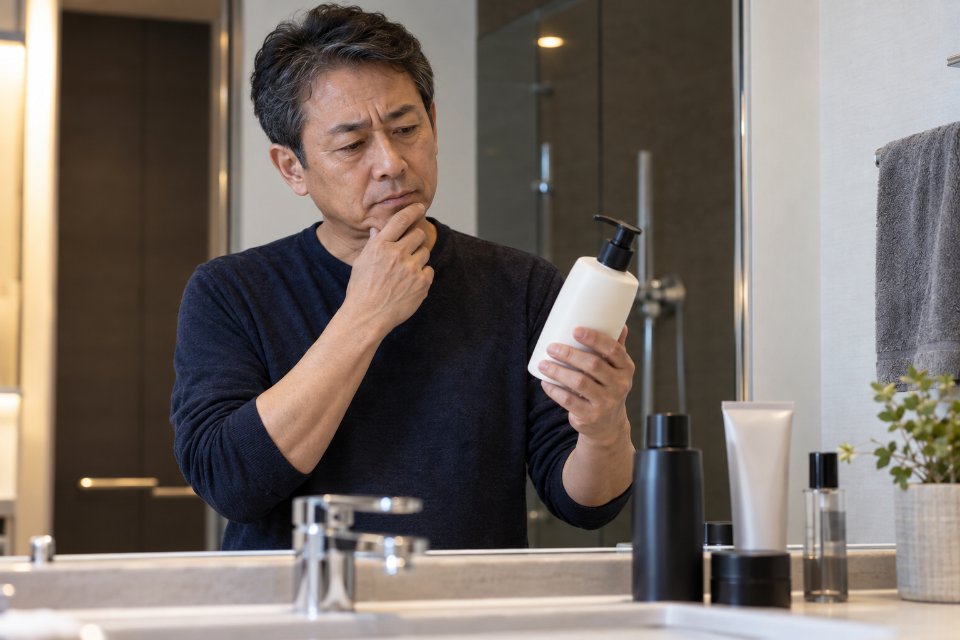 鏡の前でヘアケア用品を手に悩む男性