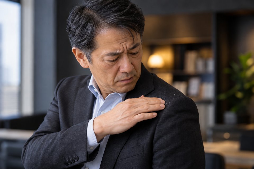 肩のフケを気にする男性